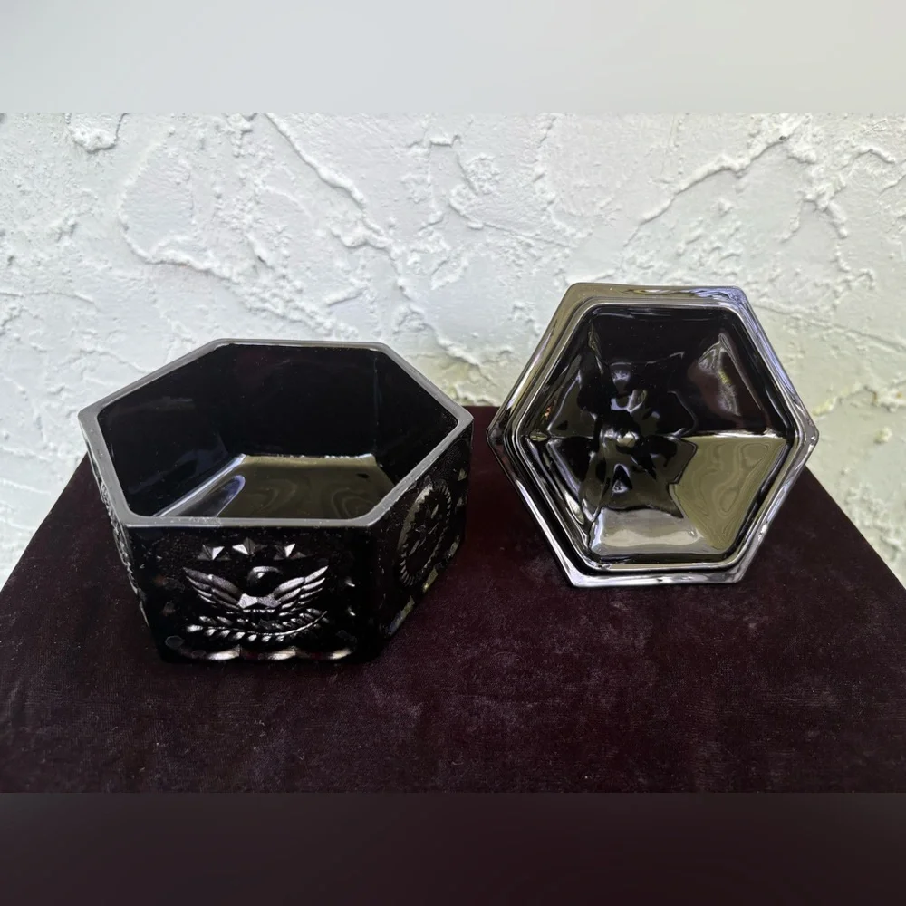 INDIANA Black Amethyst Glass Colonial Hexagonal Lidded Dish - Picture 5 of 6